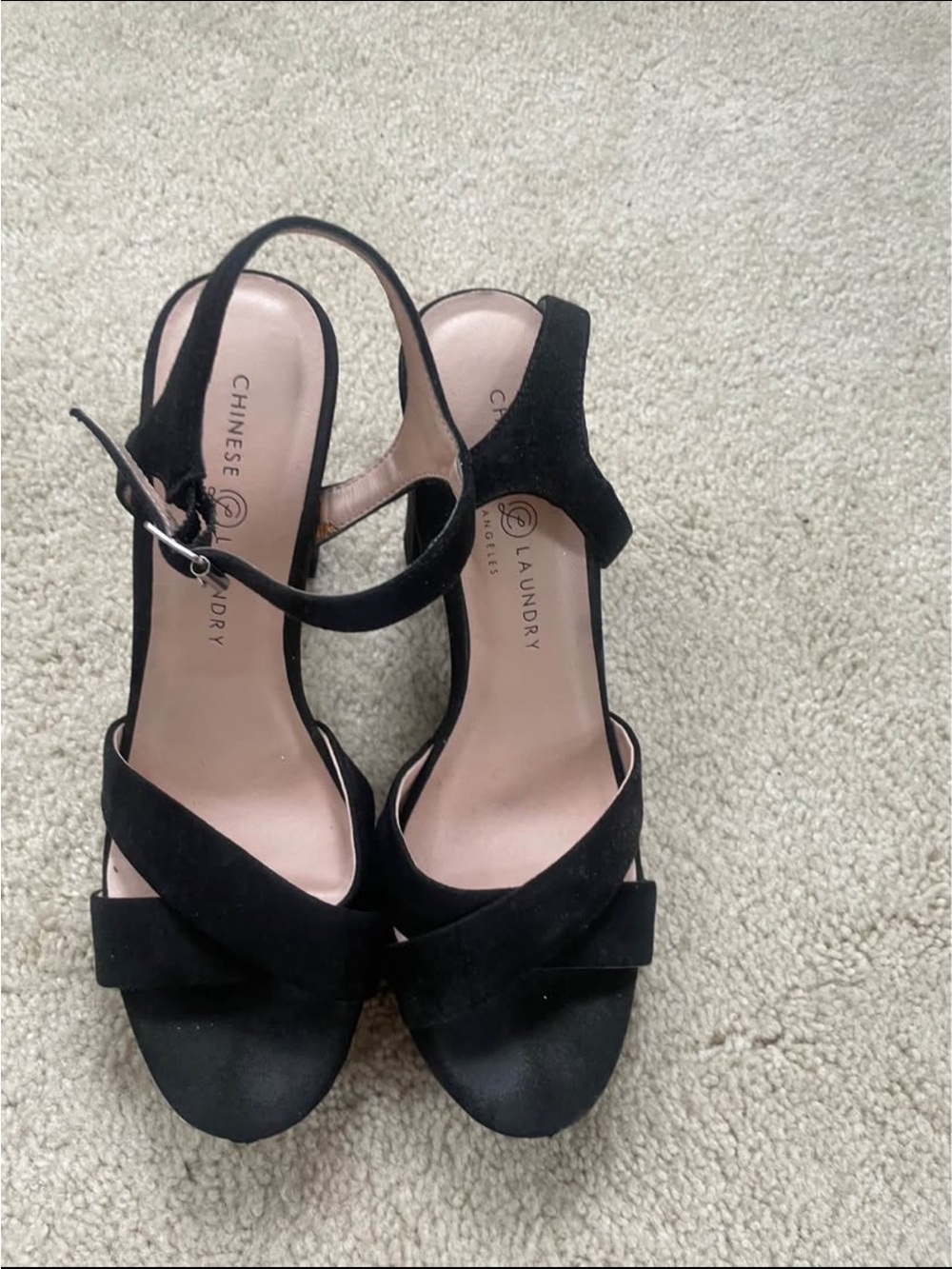 Chinese Laundry Black Suede Open-Toe Ankle Strap Heels
